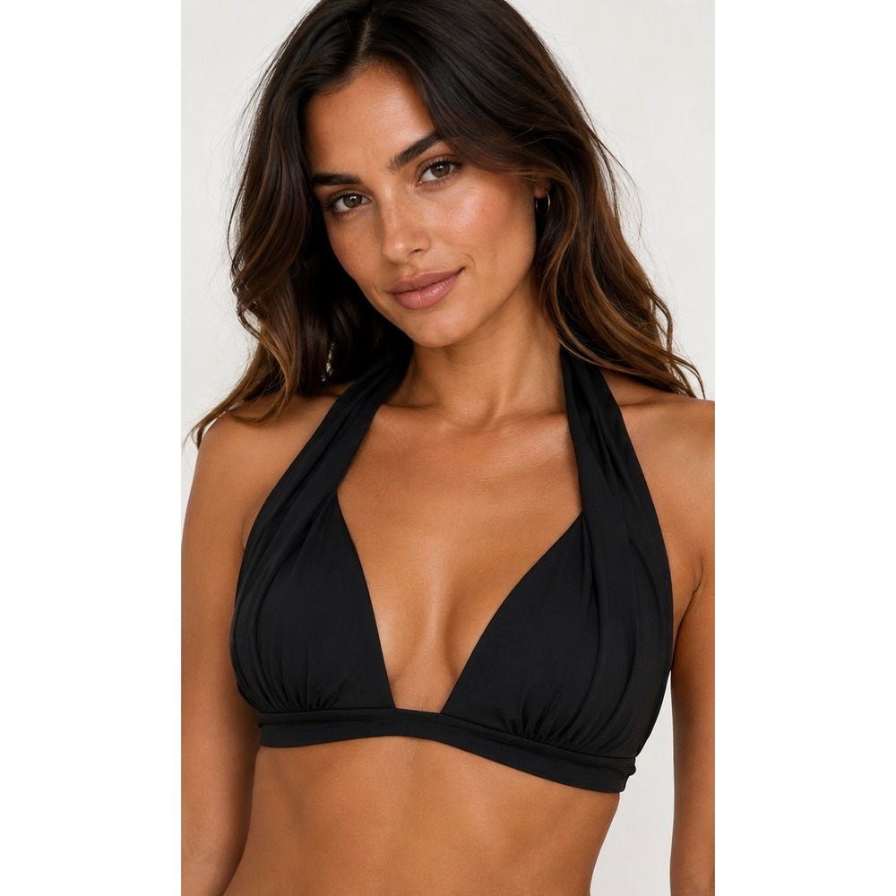 NWT BECCA Black Shirred Halter Bikini Top Swimwear Women's D-Cup